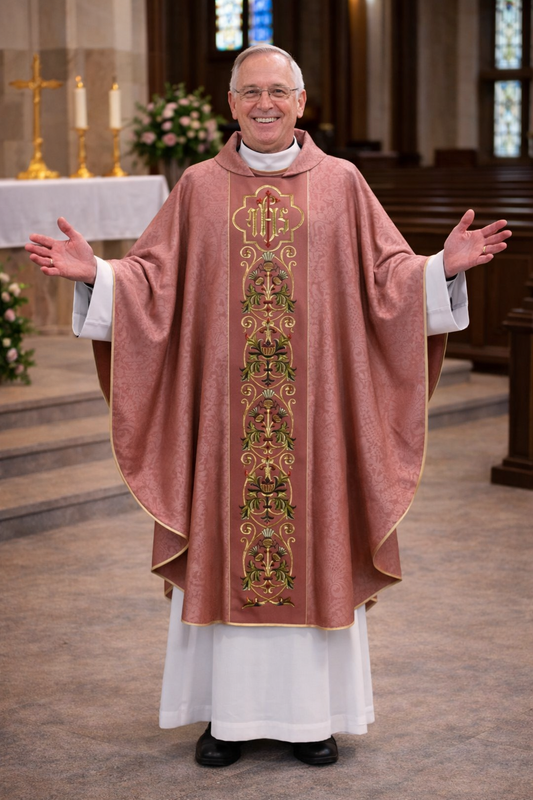 Priest in liturgical  rose 
vestments standing in a church setting