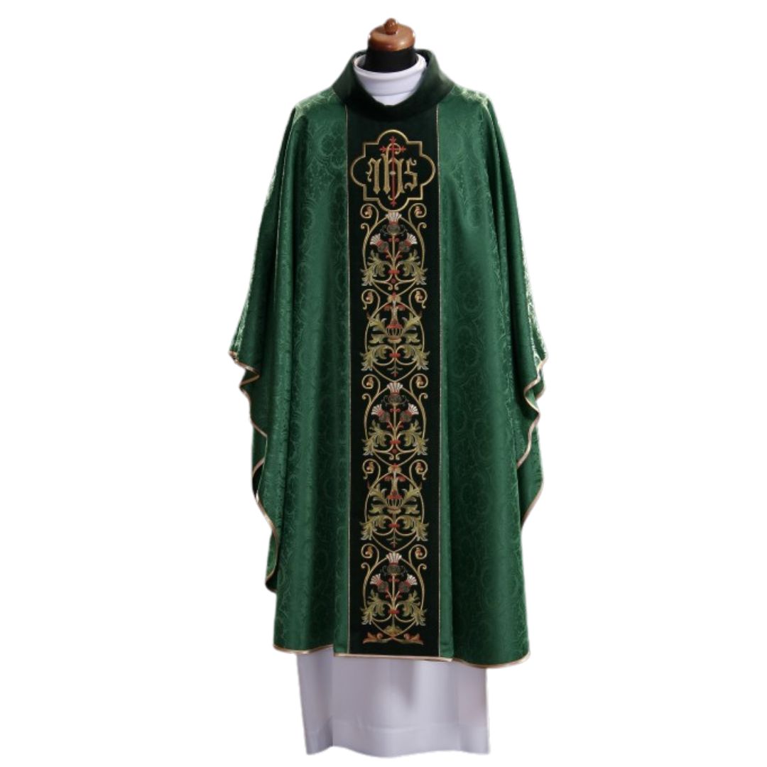 Gothic chasuble with IHS on damask. Made in Poland and sold by The Clergy Store