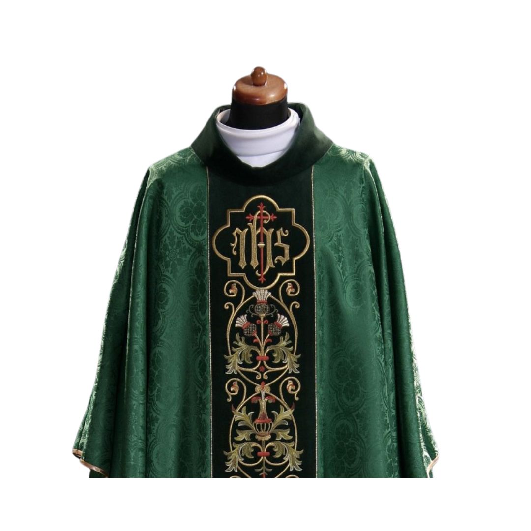 Gothic chasuble with IHS on damask. Made in Poland and sold by The Clergy Store