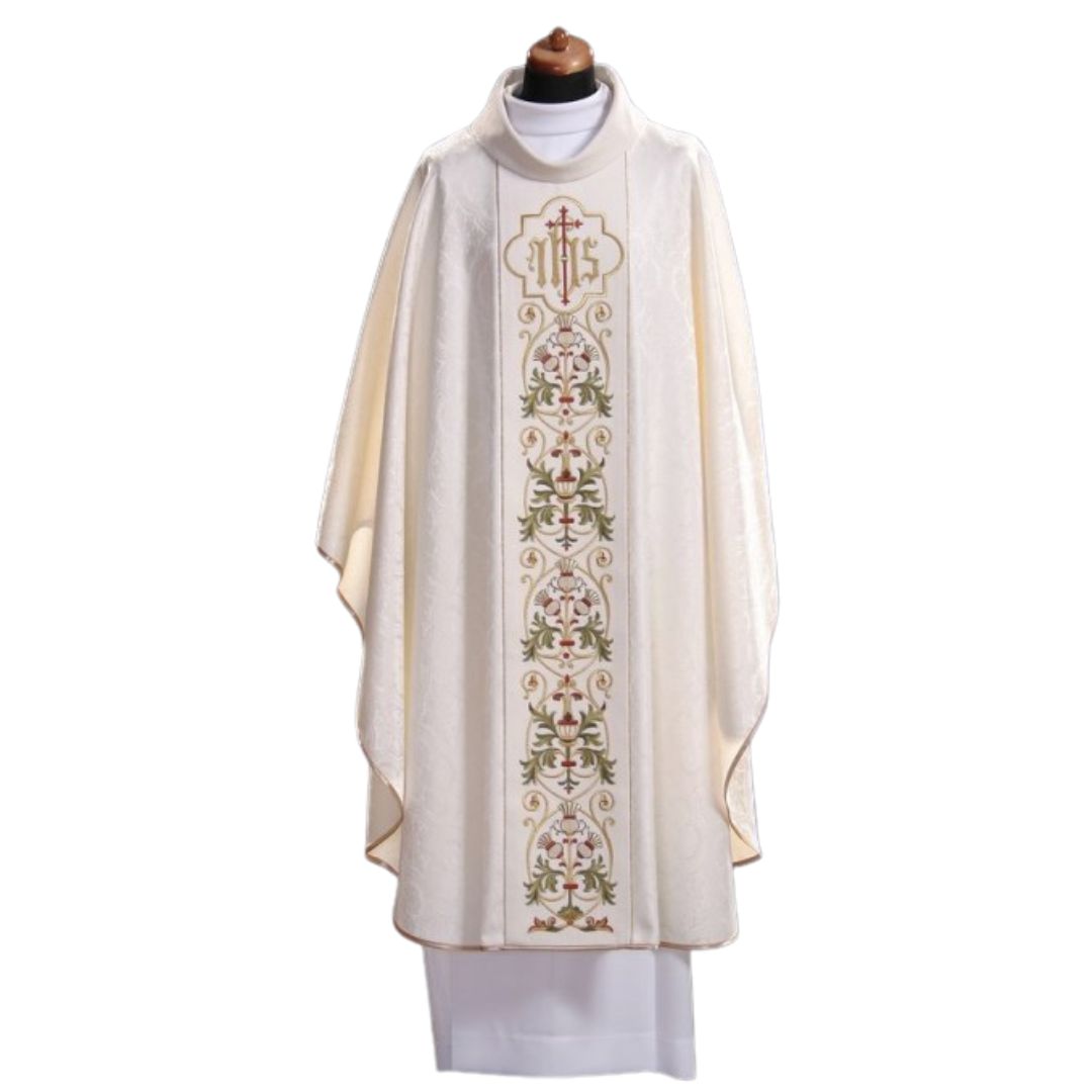 Gothic chasuble with IHS on damask. Made in Poland and sold by The Clergy Store