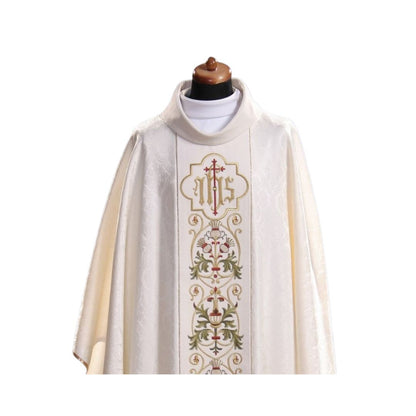 Gothic chasuble with IHS on damask. Made in Poland and sold by The Clergy Store