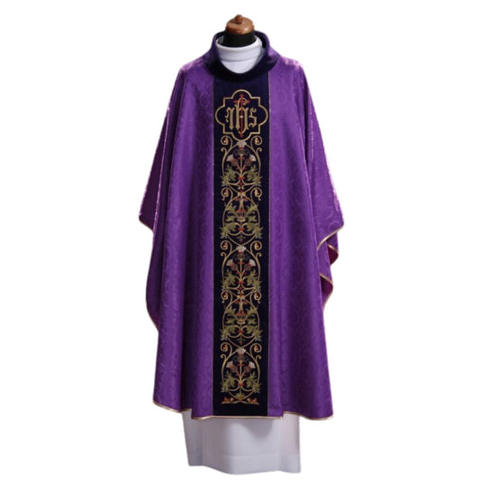 Gothic chasuble with IHS on damask. Made in Poland and sold by The Clergy Store