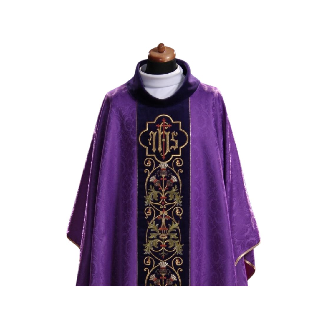 Gothic chasuble with IHS on damask. Made in Poland and sold by The Clergy Store