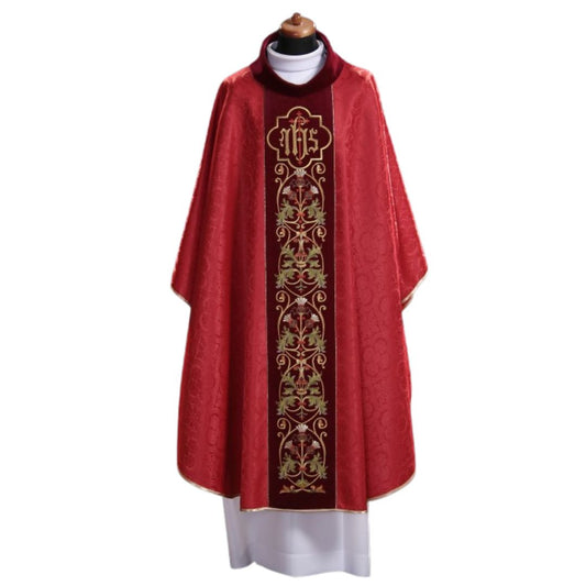 Gothic chasuble with IHS on damask. Made in Poland and sold by The Clergy Store