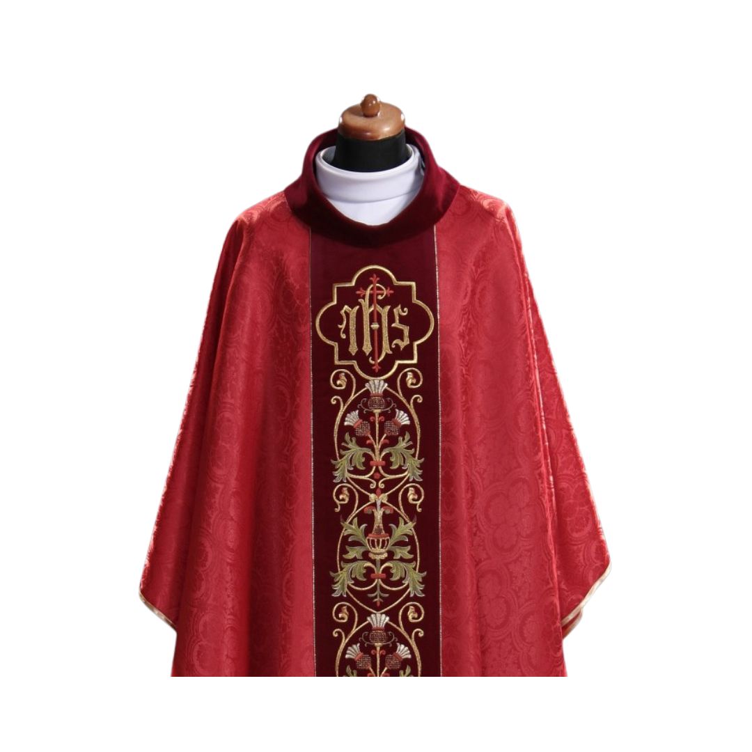 Gothic chasuble with IHS on damask. Made in Poland and sold by The Clergy Store