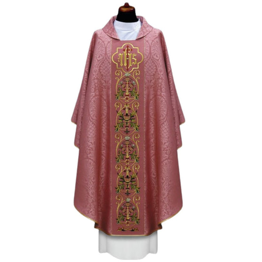 Gothic chasuble with IHS on damask. Made in Poland and sold by The Clergy Store