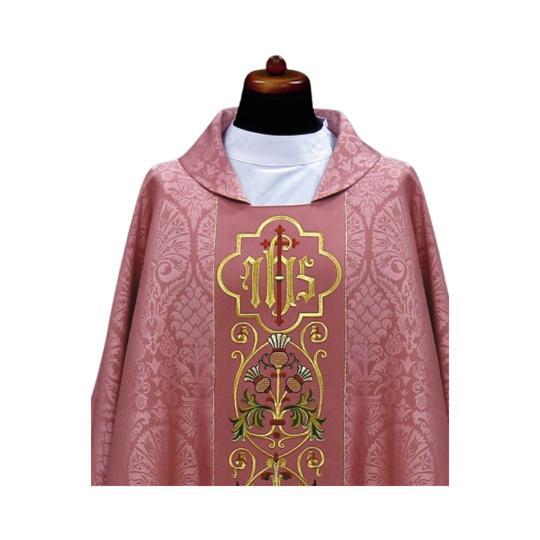 Gothic chasuble with IHS on damask. Made in Poland and sold by The Clergy Store