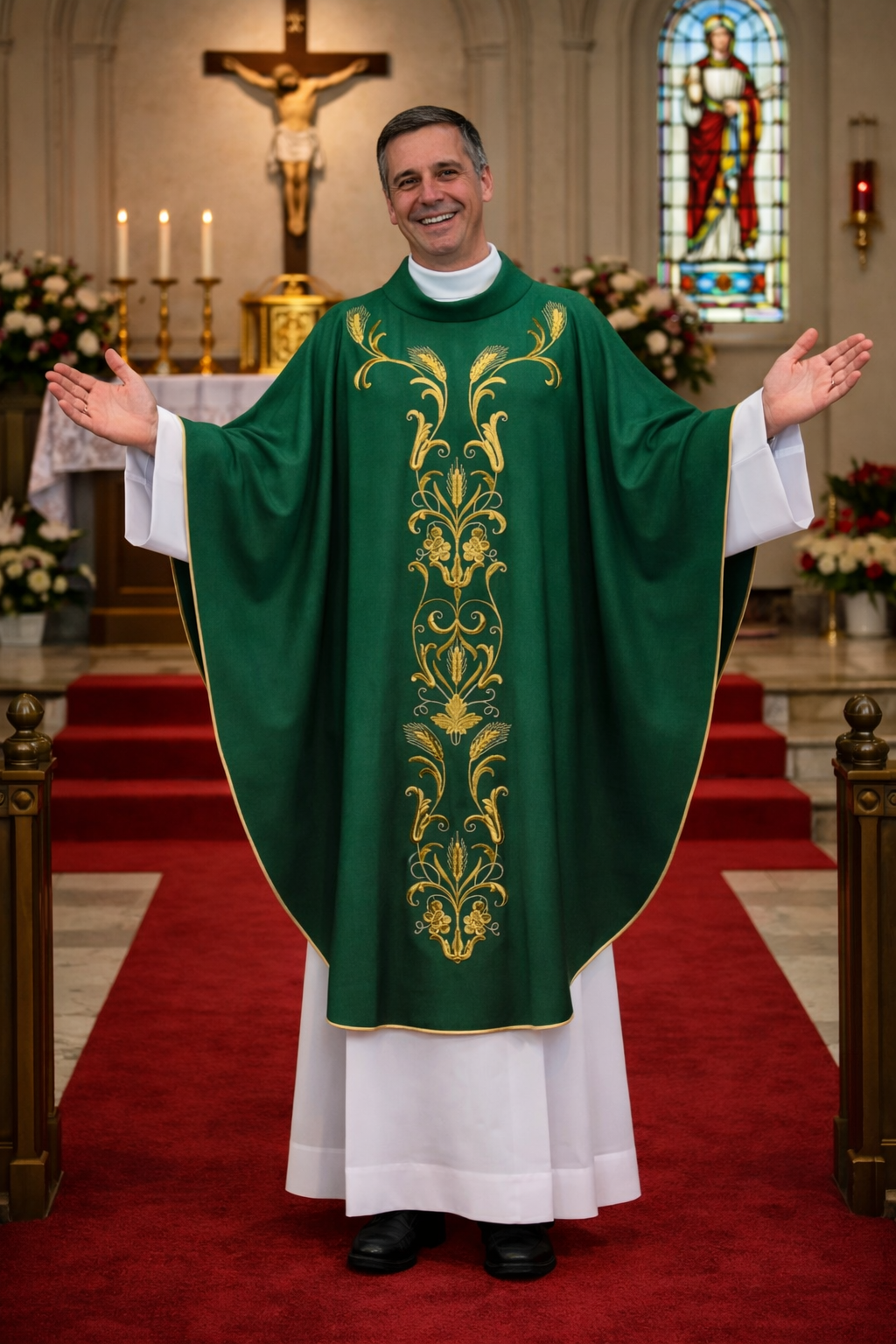 Priest in green and gold vestment standing in a church with stained glass window and altar.