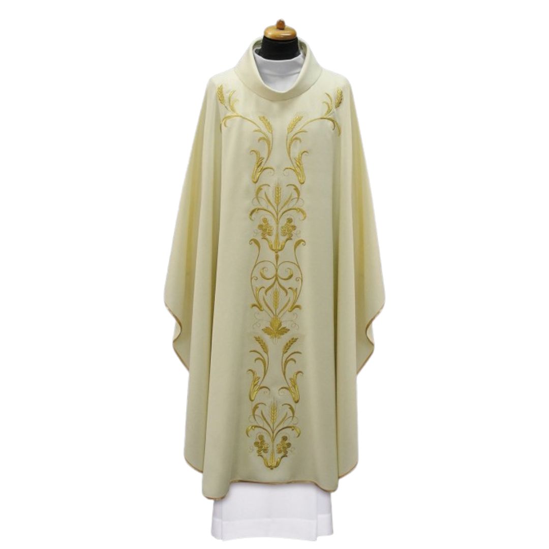 Chasuble with embroidered wheat and grapes Made in Poland and sold by The Clergy Store