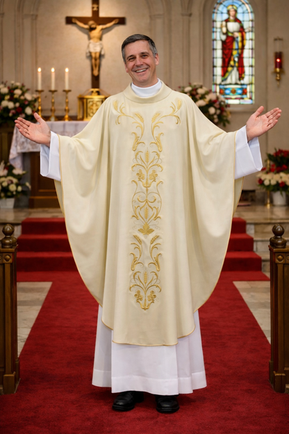 Priest in liturgical vestment standing in a church with altar and stained glass window in the background.