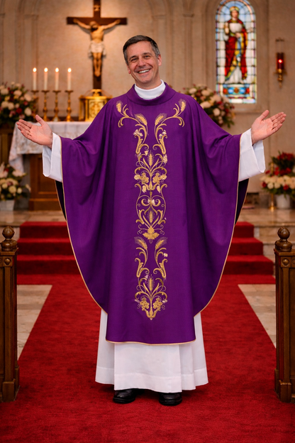 Priest in purple liturgical vestment with gold embroidery in a church setting