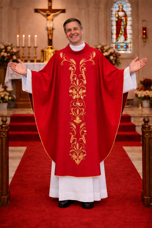 Priest in red liturgical vestment with gold embroidery in a church setting