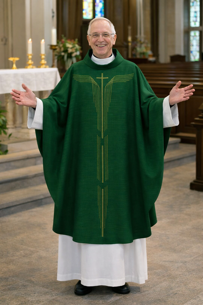 Priest in a green and white robe standing in a church setting