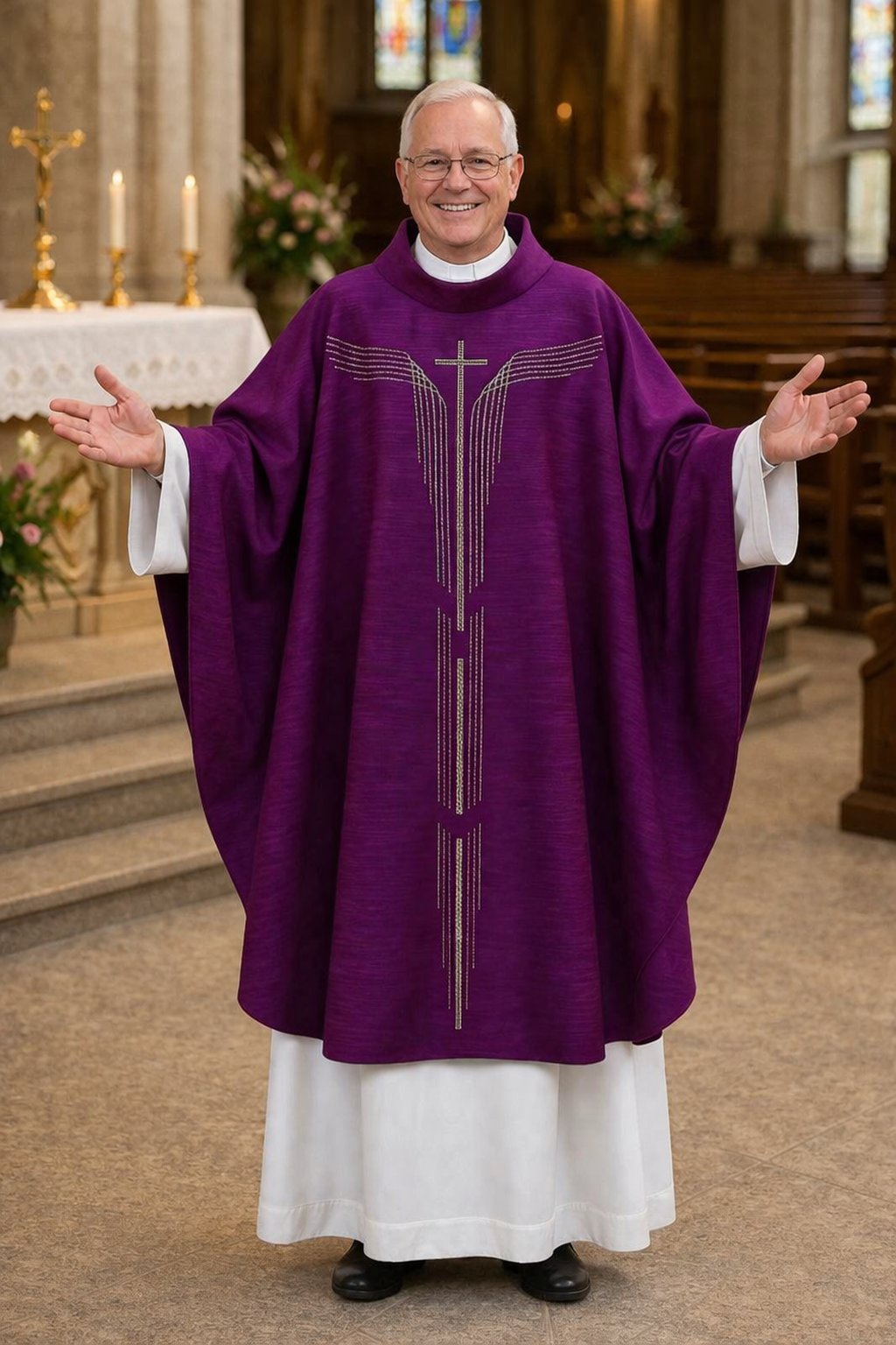 Priest in purple vestment with cross design in a church setting