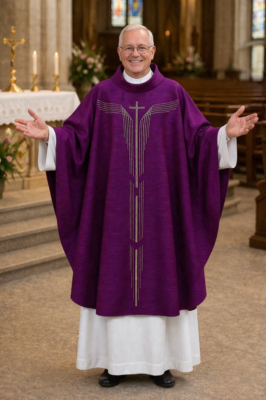 Priest in purple vestment with cross design in a church setting