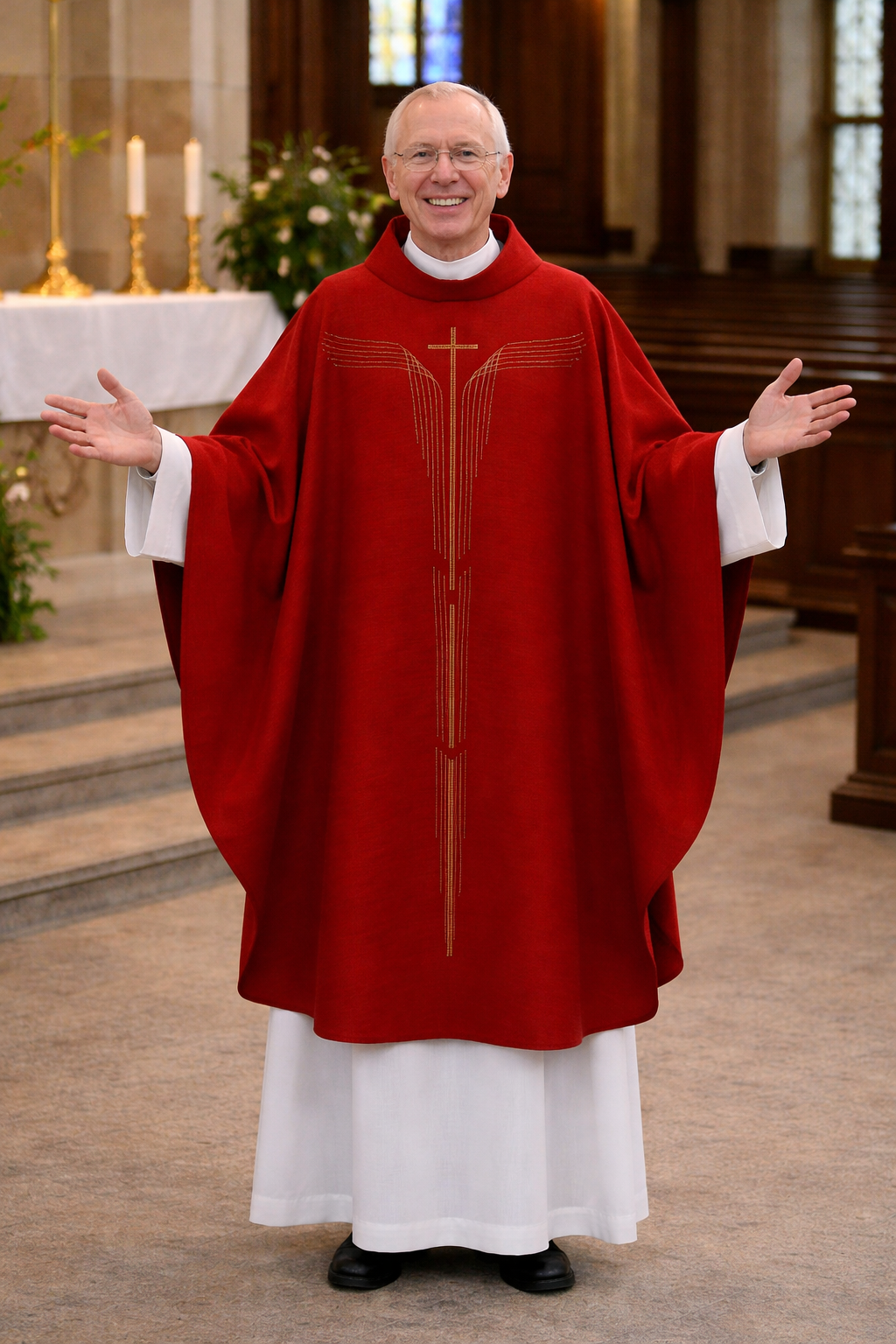 Priest in red liturgical vestment with white stole in a church setting