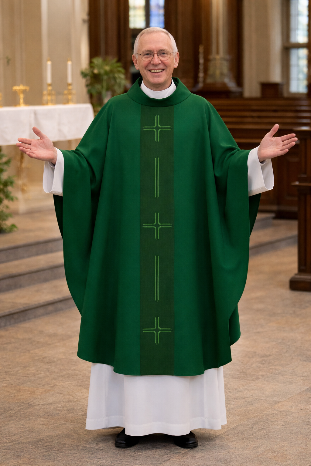Priest in green liturgical vestments standing in a church.