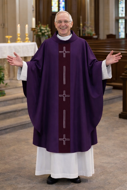 Priest in purple vestments standing in a church setting