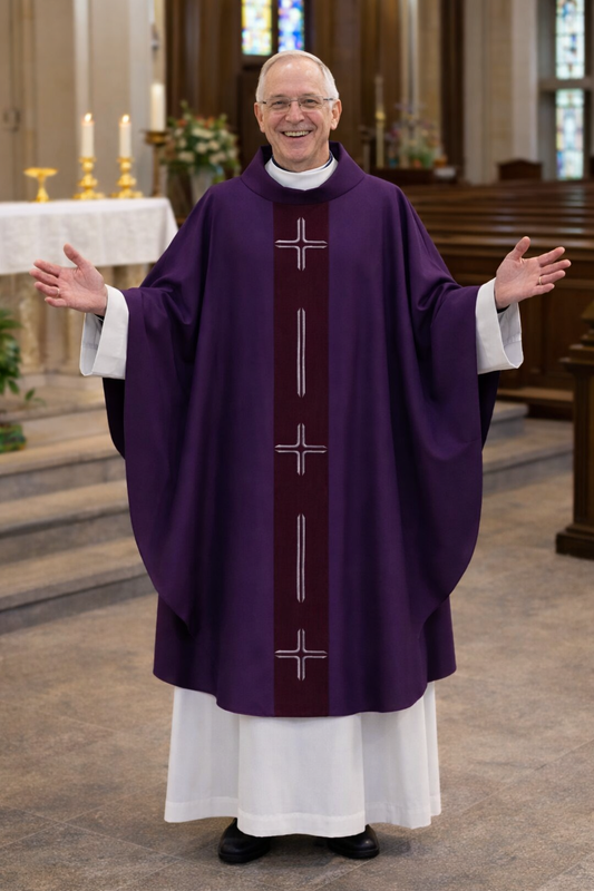 Priest in purple vestments standing in a church setting