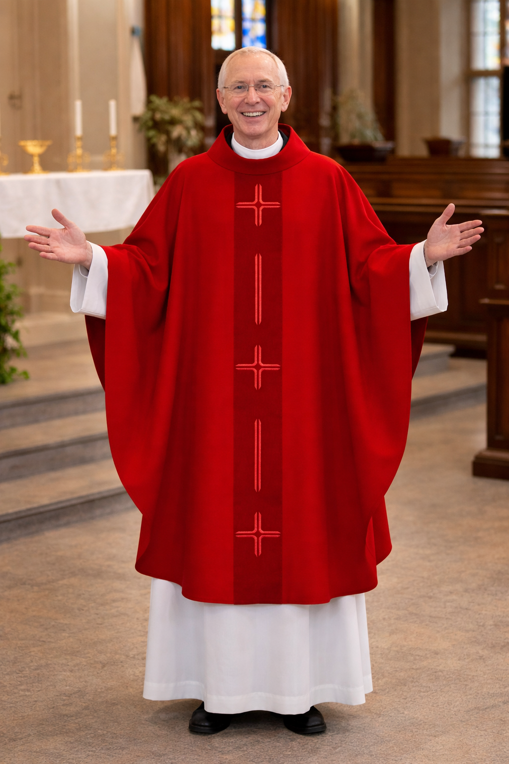 Priest in red liturgical vestment with cross patterns in a church setting