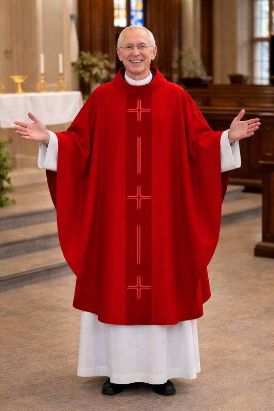Priest in red liturgical vestment with cross patterns in a church setting