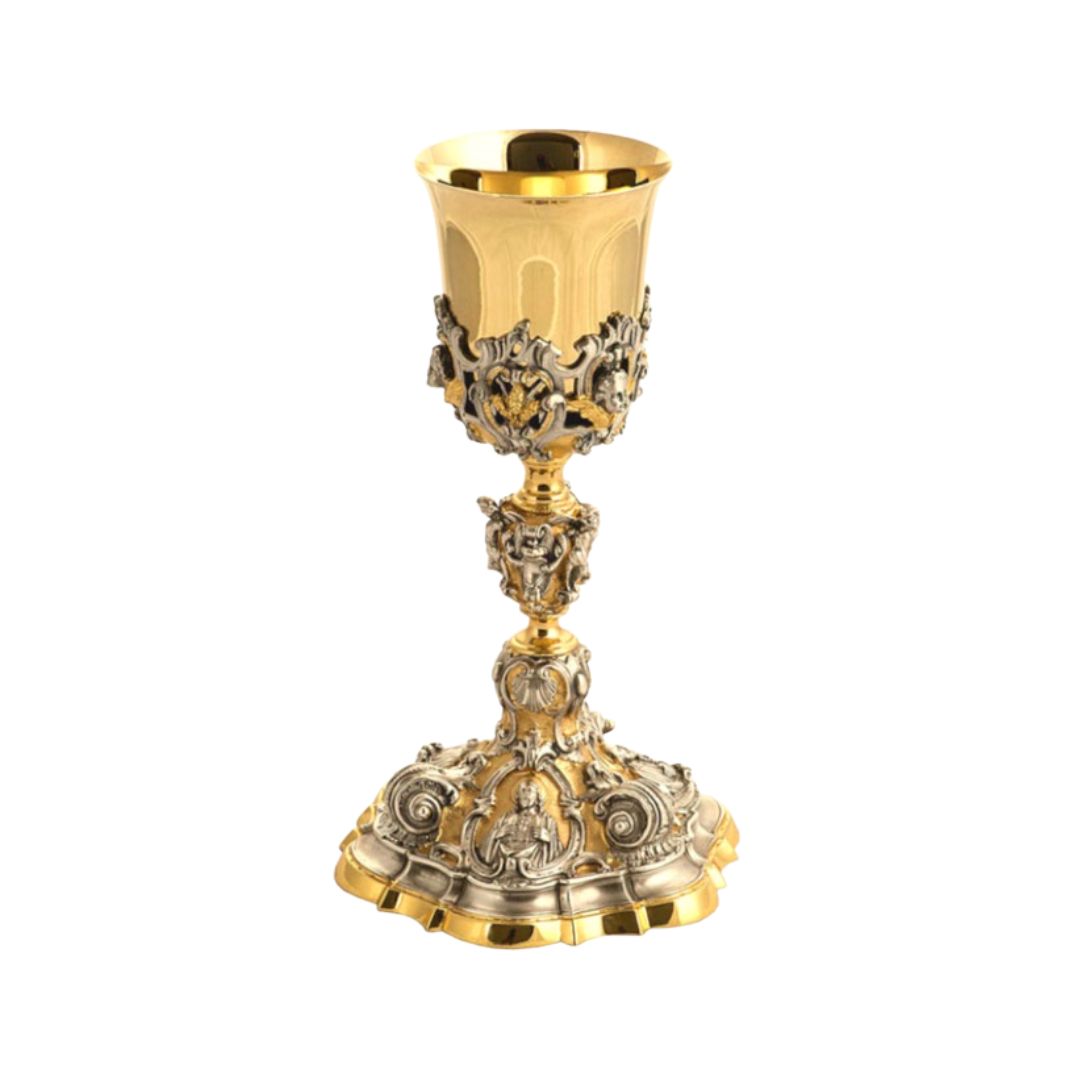 Chalice in two tone finish with image of Jesus, Joseph, and Mary in a gold plated finish.