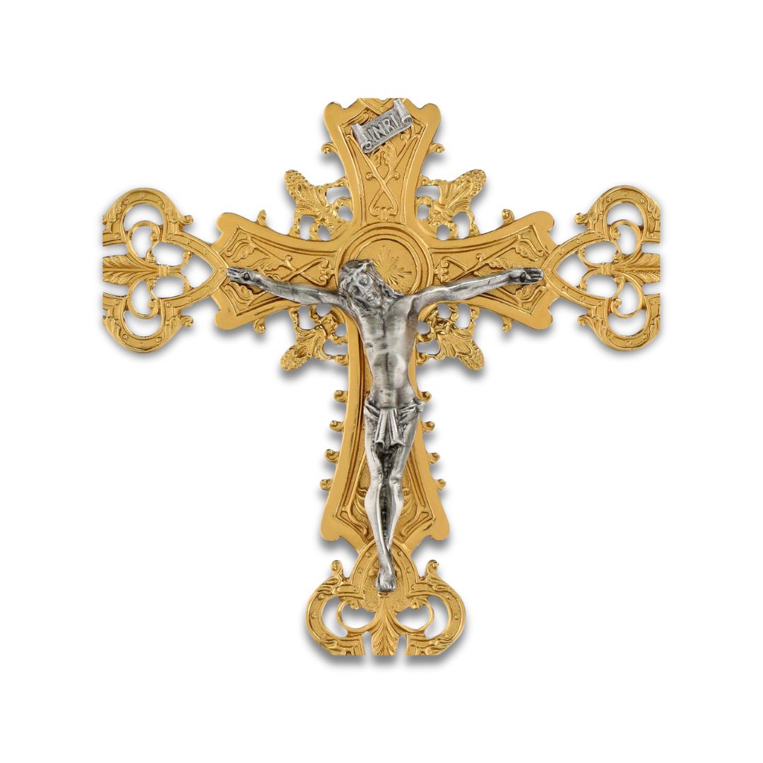 Processional Cross with pole Baroque style in gold or silver finish. Made in Italy and sold by The Clergy Store