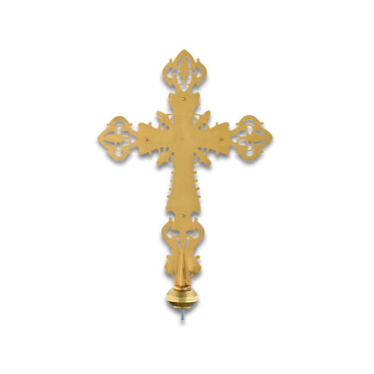 Processional Cross with pole Baroque style in gold or silver finish. Made in Italy and sold by The Clergy Store