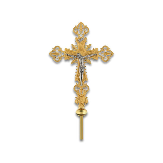 Processional Cross with pole Baroque style in gold or silver finish. Made in Italy and sold by The Clergy Store