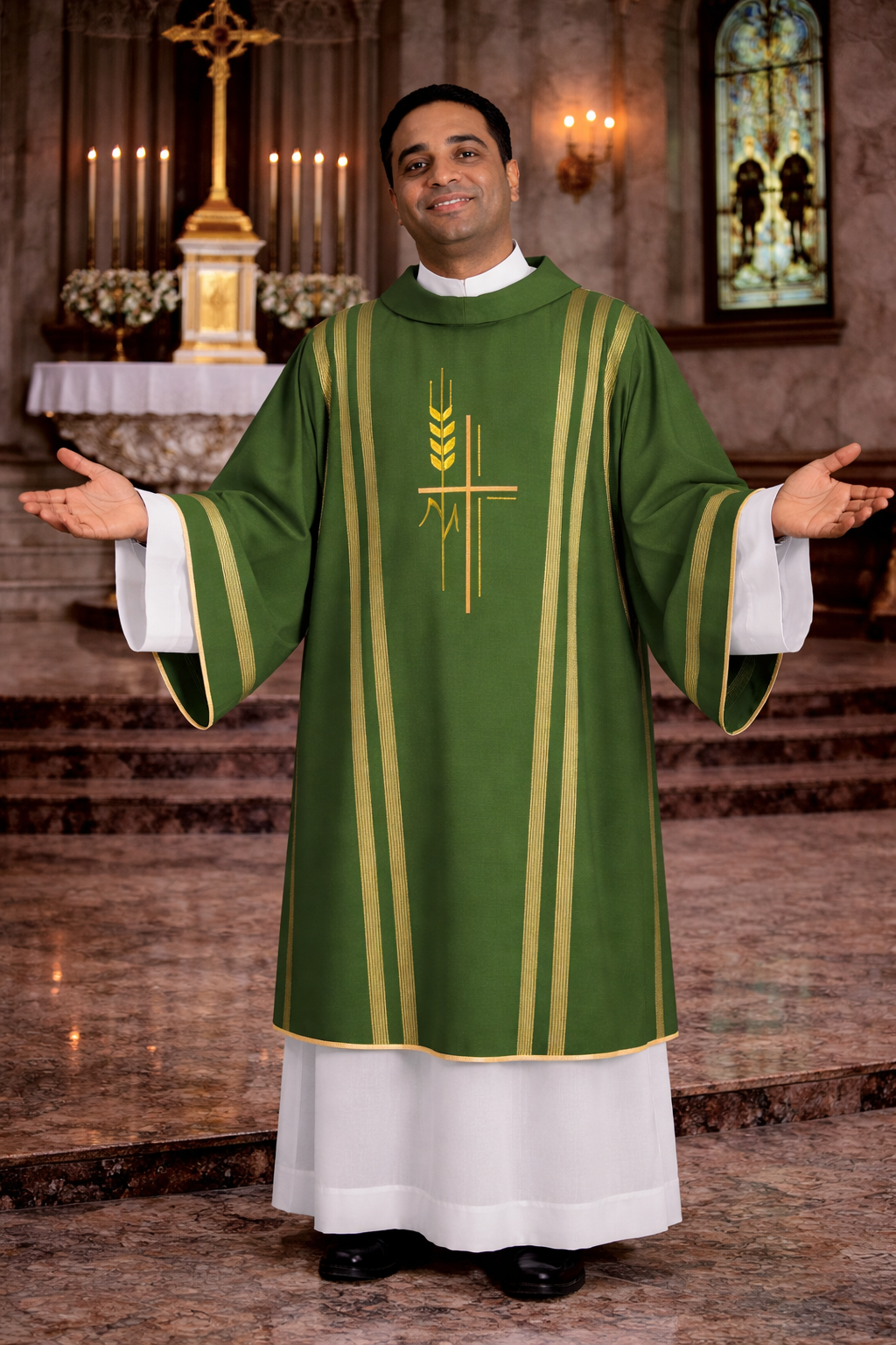 Priest in a green and white robe with a cross and wheat symbol in a church setting