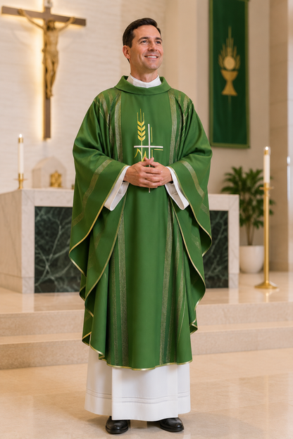 A man wearing a green liturgical vestment with gold trim and a white underlayer stands in a church setting with an altar, candles, and religious wall decor in the background.