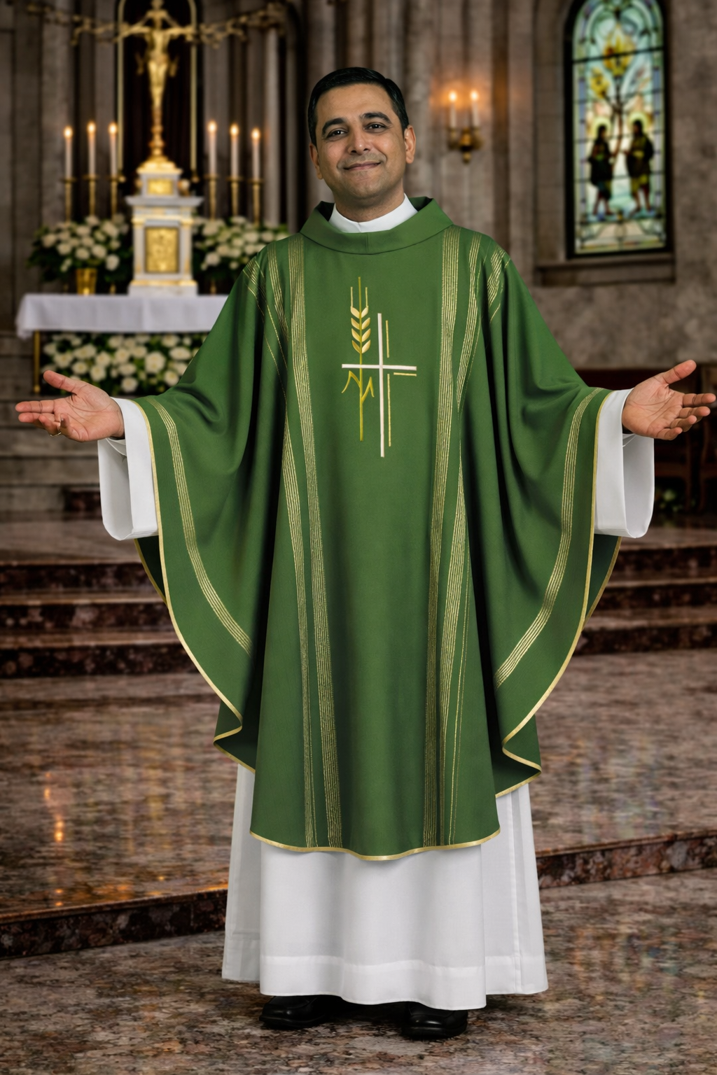 Priest in green liturgical vestment standing in a church.