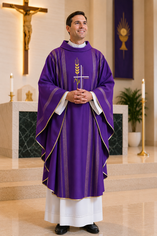 A man wearing a purple liturgical vestment with gold trim and a white underlayer stands in a church setting with an altar, crucifix, and candles in the background.