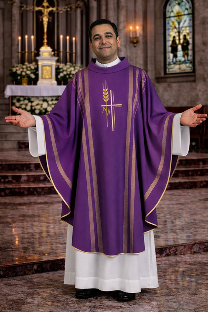 Priest in purple and white vestments standing in a church setting