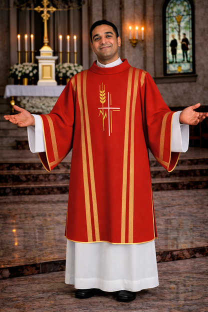 Priest in red and white liturgical vestments with a cross and wheat symbol, standing in a church.