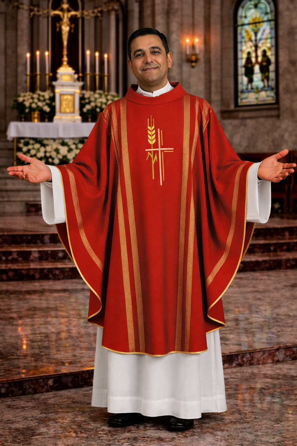 Priest in red liturgical vestment with a cross and wheat symbol in a church setting