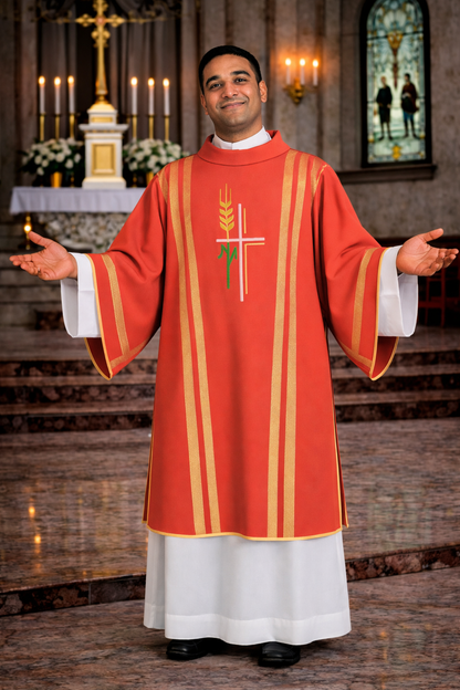 Priest in red liturgical vestment with a cross and ear of wheat symbol, standing in a church.