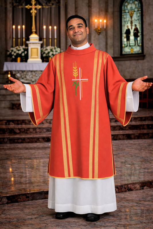 Priest in red liturgical vestment with a cross and ear of wheat symbol, standing in a church.