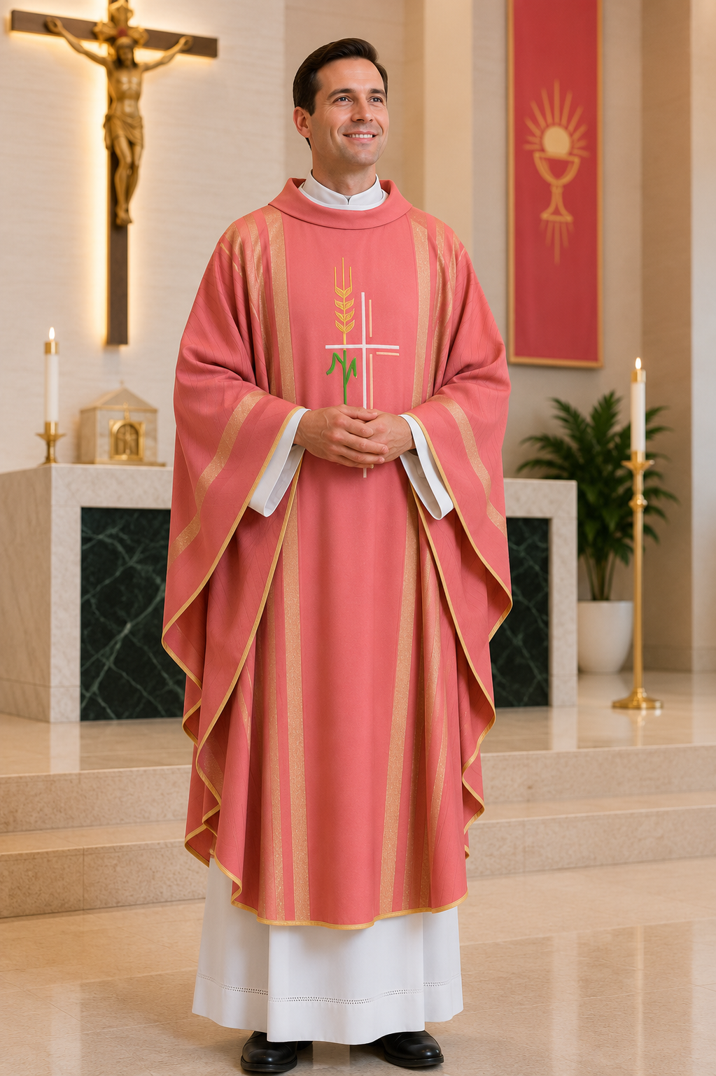 A man wearing a coral pink and gold Catholic priest's liturgical vestments stands in a church sanctuary. The vestments feature a central white cross with a wheat stalk and a small green leaf detail, flanked by wide sleeves with gold stripes.