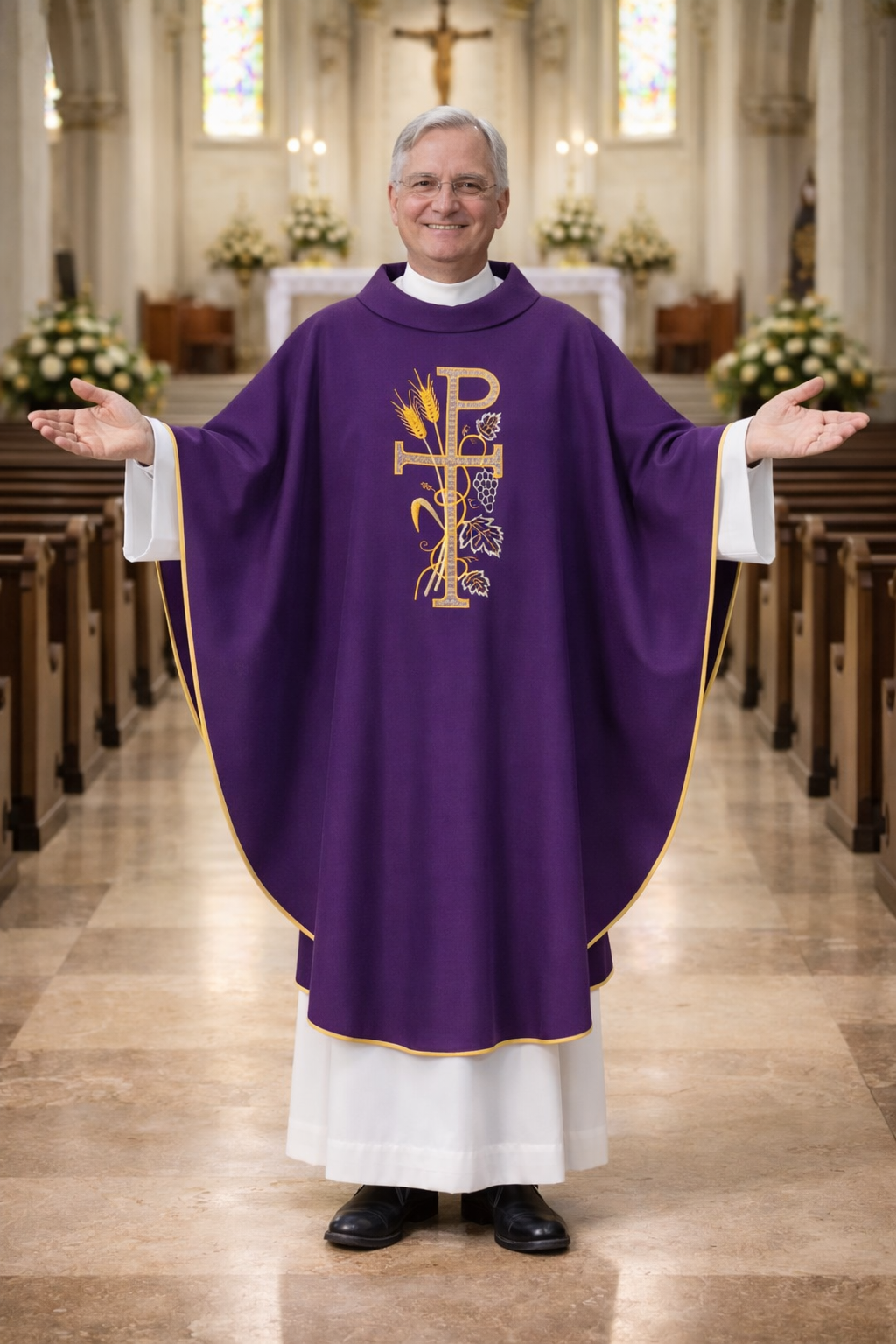 Priest in a purple vestment with a church interior background