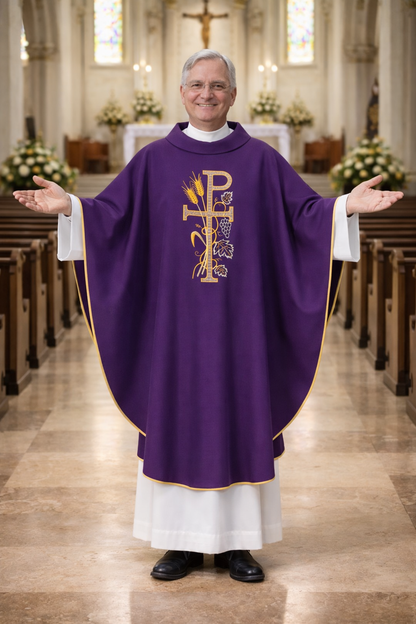 Priest in a purple vestment with a church interior background