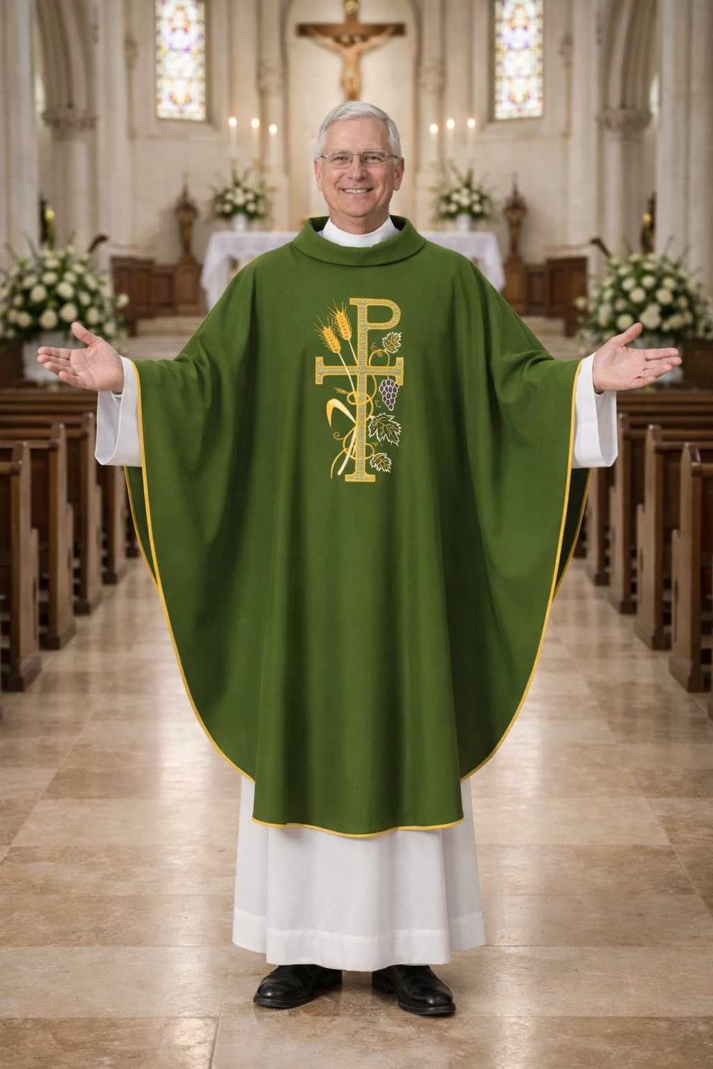 Priest in a green liturgical vestment with a cross symbol in a church setting