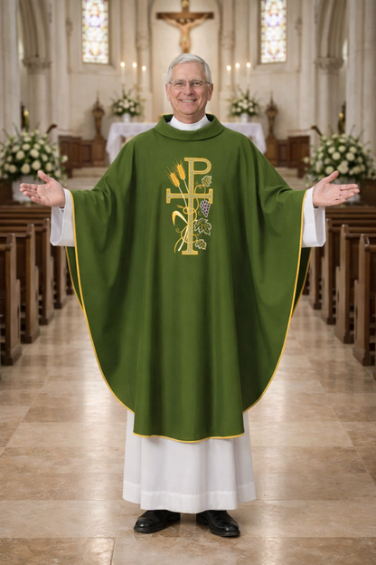 Priest in a green liturgical vestment with a cross symbol in a church setting