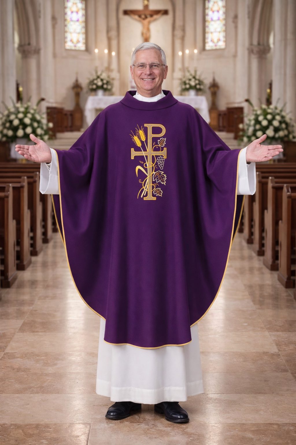Priest in a purple vestment with a教会标志 in a church setting