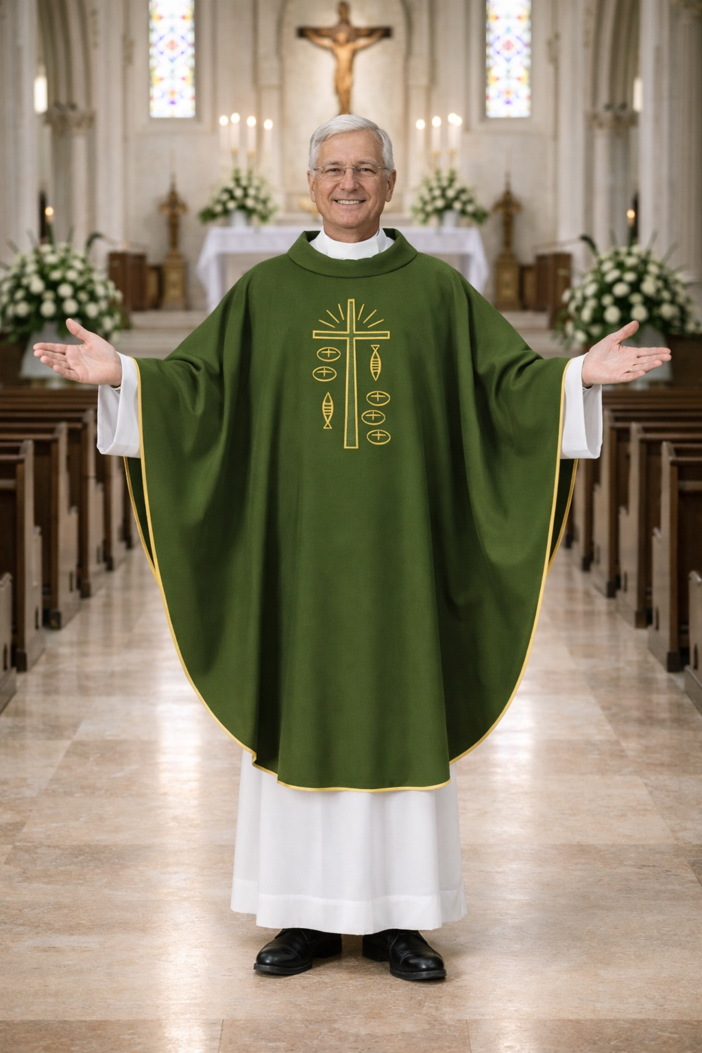 Priest in a green and white liturgical vestment standing in a church nave.