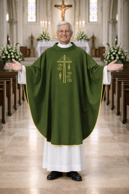 Priest in a green and white liturgical vestment standing in a church nave.