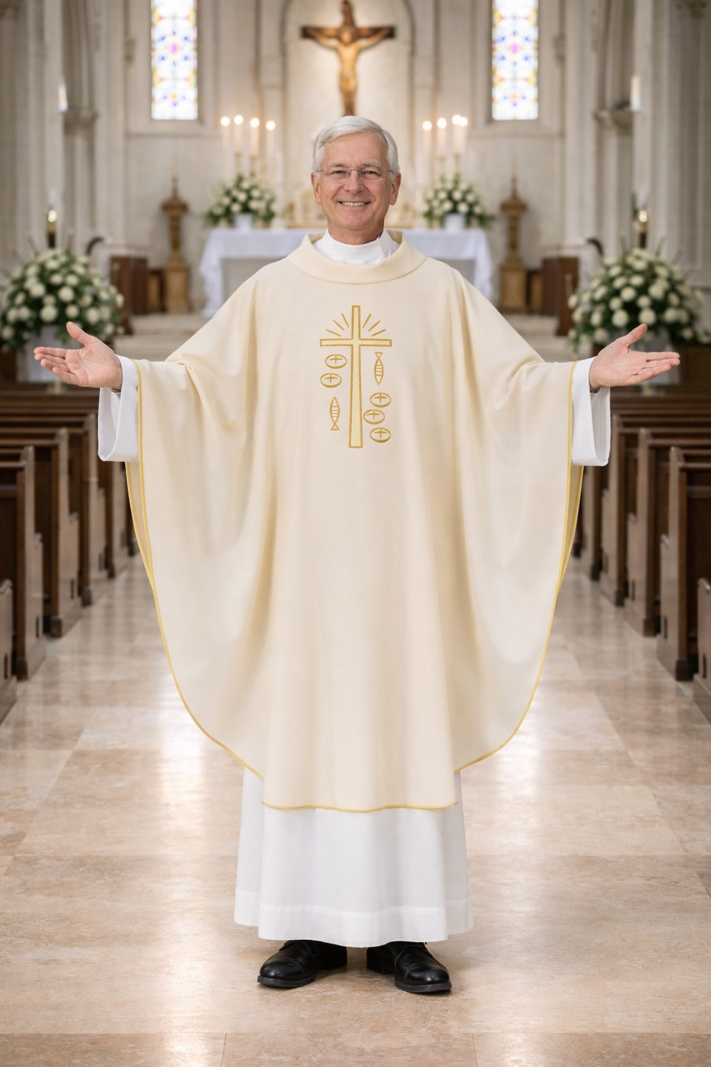 Priest in a white robe with a cross emblem in a church setting