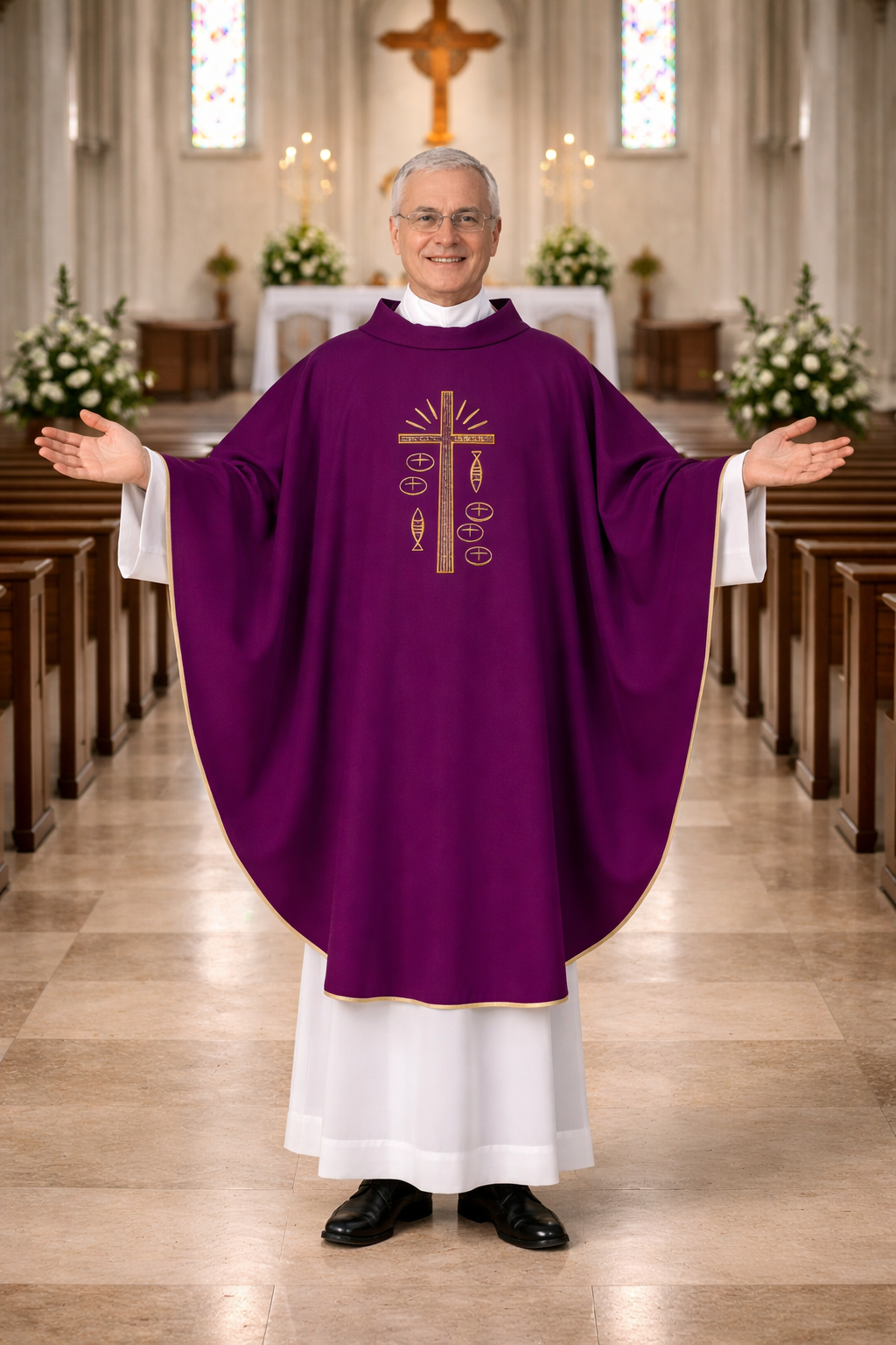Priest in a purple vestment with a cross design in a church setting
