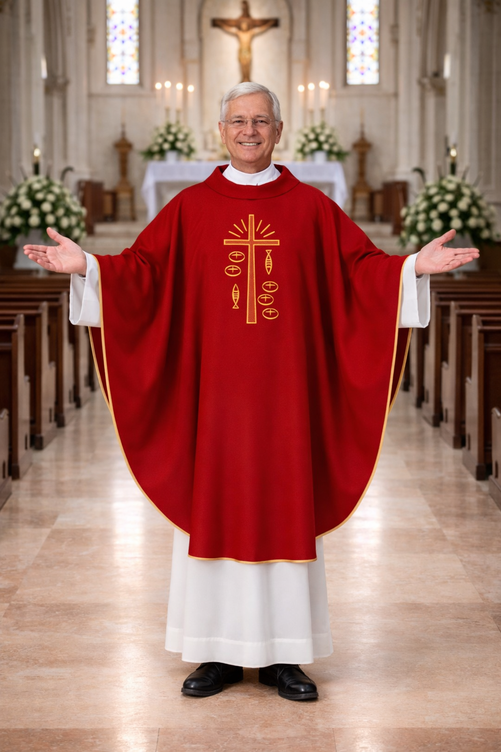 Priest in red liturgical vestment with gold embroidery in a church setting