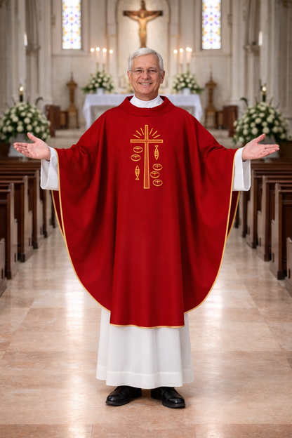 Priest in red liturgical vestment with gold embroidery in a church setting